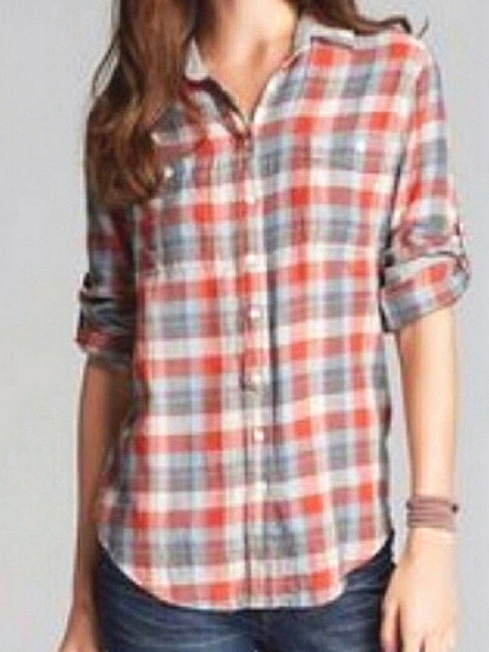 Jachs Girlfriend Cotton Coral Blue-Gray Autumn Flannel Size Medium Plaid Snap